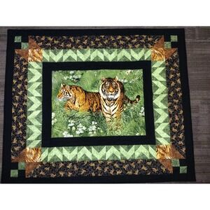 Hand Quilted Tiger Tapestry Wall Hanging Quilt 49.5"x41.5"